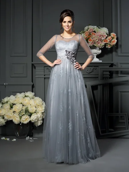 A-Line/Princess Scoop Floor-Length Satin Mother of the Bride Dresses With Lace