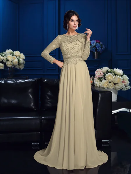 A-Line/Princess Scoop Sweep Train Chiffon Mother of the Bride Dresses With Beading