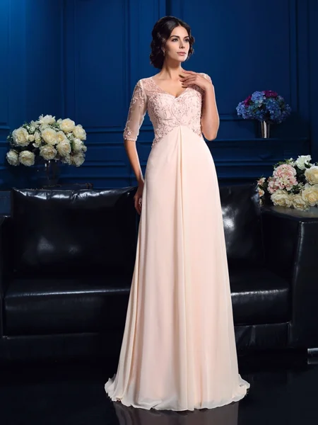 A-Line/Princess V-neck Floor-Length Chiffon Mother of the Bride Dresses With Beading