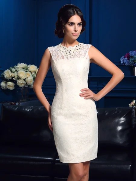 Sheath/Column Jewel Short/Mini Lace Mother of the Bride Dresses With Lace
