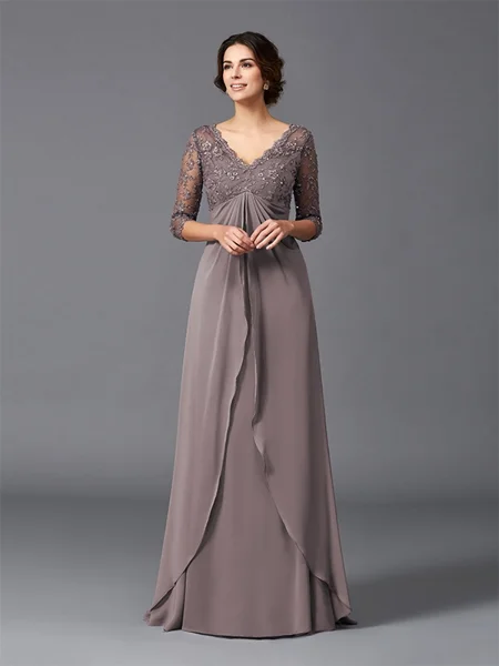 A-Line/Princess V-neck Floor-Length Chiffon Mother of the Bride Dresses With Lace