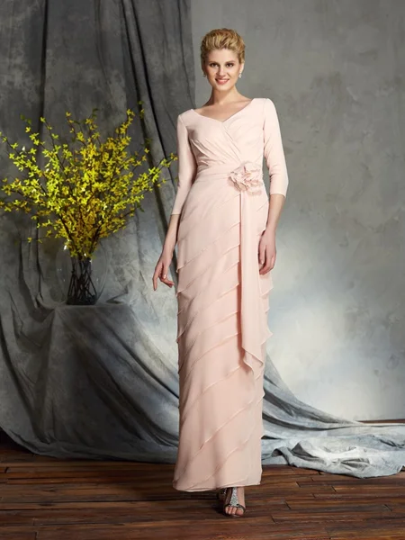 Sheath/Column V-neck Floor-Length Chiffon Mother of the Bride Dresses With Flower