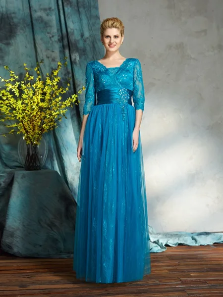 A-Line/Princess V-neck Floor-Length Net Mother of the Bride Dresses With Belt/Sash