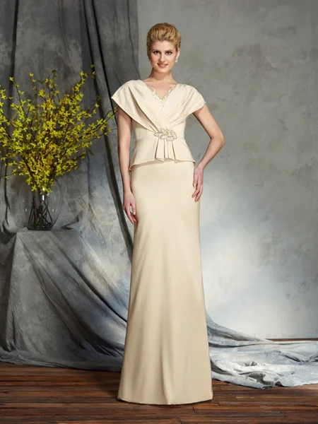 Sheath/Column V-neck Floor-Length Silk like Satin Mother of the Bride Dresses With Beading