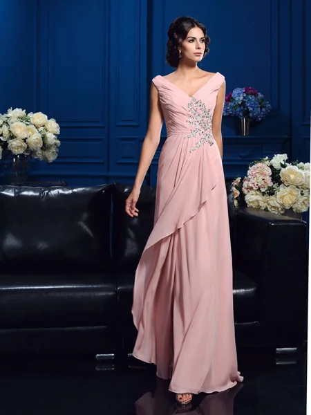 A-Line/Princess V-neck Sweep Train Chiffon Mother of the Bride Dresses With Beading