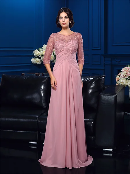 A-Line/Princess Scoop Sweep Train Chiffon Mother of the Bride Dresses With Beading