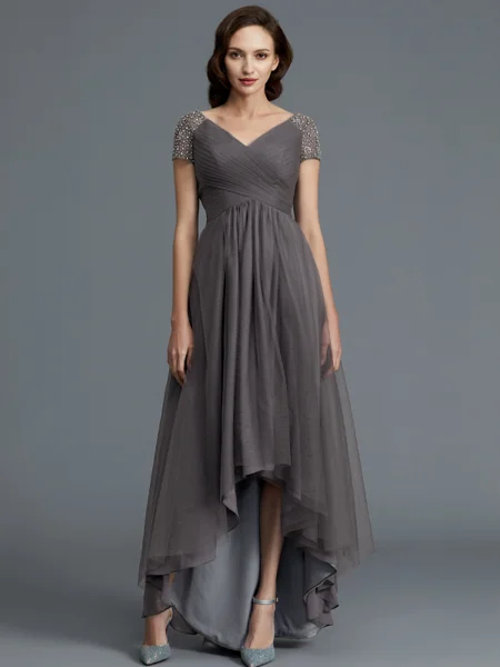 A-Line/Princess V-neck Asymmetrical Tulle Mother of the Bride Dresses