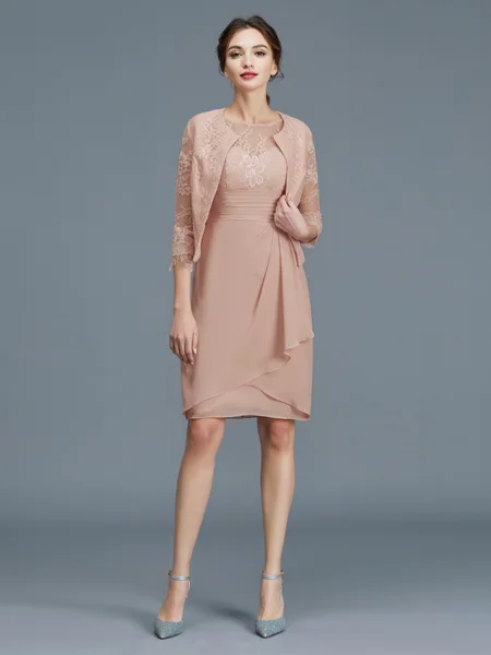 Sheath/Column Sheer Neck Knee-Length Chiffon Mother of the Bride Dresses With Ruffles