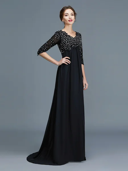 A-Line/Princess V-neck Floor-Length Chiffon Mother of the Bride Dresses With Beading