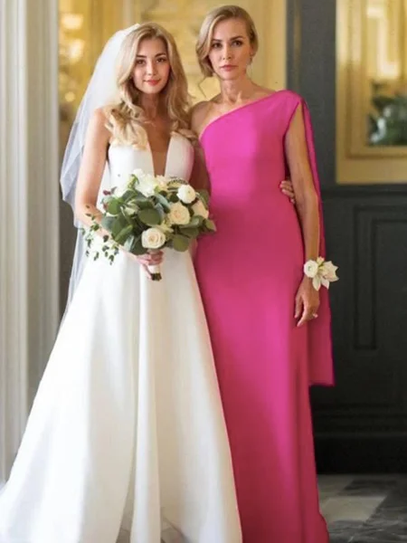 Sheath/Column One-Shoulder Floor-Length Stretch Crepe Mother of the Bride Dresses With Ruffles