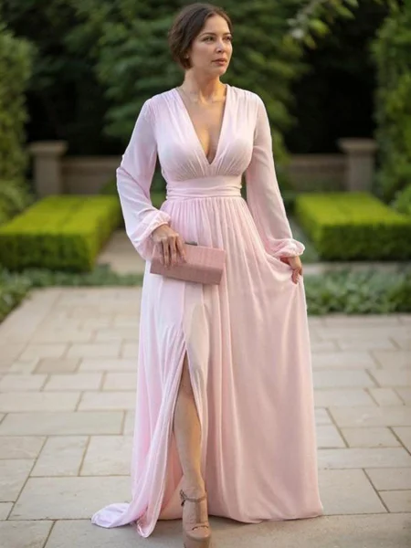 A-Line/Princess V-neck Sweep Train Chiffon Mother of the Bride Dresses With Leg Slit