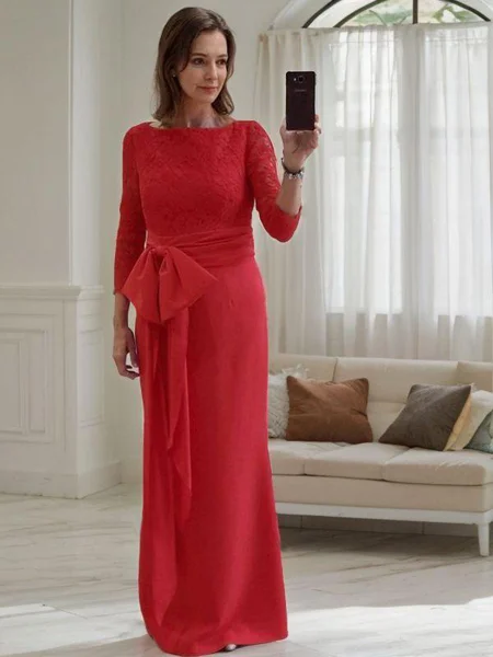 Sheath/Column Scoop Floor-Length Stretch Crepe Mother of the Bride Dresses With Belt/Sash