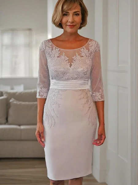 Sheath/Column Scoop Knee-Length Silk Like Satin Mother of the Bride Dresses With Appliques Lace