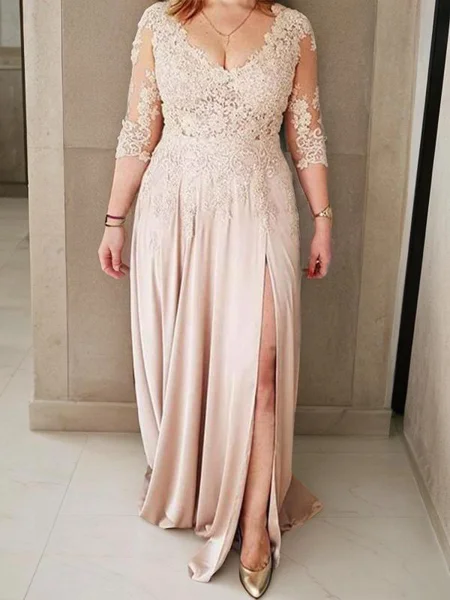 A-Line/Princess V-neck Sweep Train Silk Like Satin Mother of the Bride Dresses With Leg Slit
