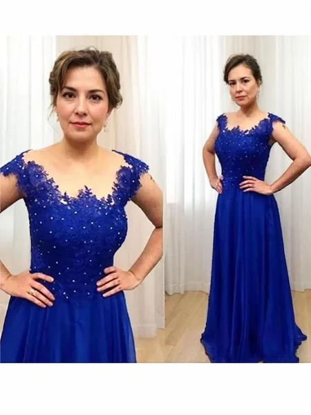 A-Line/Princess Scoop Sweep Train Chiffon Mother of the Bride Dresses With Appliques Lace