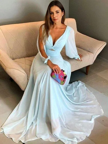 Sheath/Column V-neck Sweep Train Chiffon Mother of the Bride Dresses With Ruffles