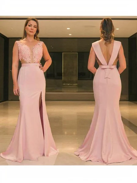 Sheath/Column Scoop Sweep Train Silk Like Satin Mother of the Bride Dresses With Belt/Sash