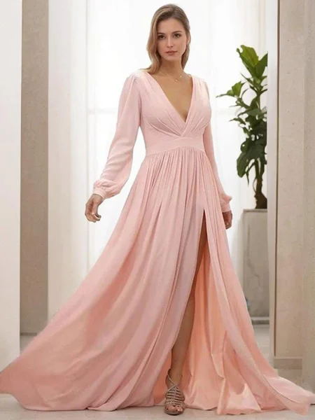 A-Line/Princess V-neck Sweep Train Chiffon Mother of the Bride Dresses With Leg Slit