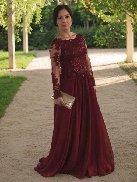 A-Line/Princess Scoop Sweep Train Satin Mother of the Bride Dresses With Appliques Lace