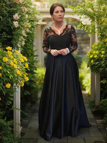 A-Line/Princess V-neck Sweep Train Satin Mother of the Bride Dresses With Lace