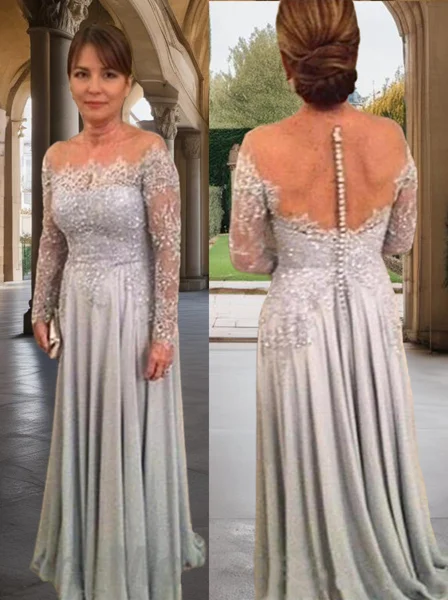 A-Line/Princess Scoop Sweep Train Chiffon Mother of the Bride Dresses With Lace