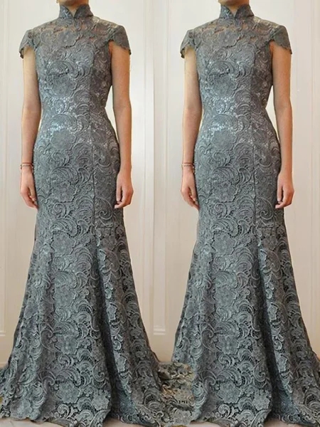 Trumpet/Mermaid High Neck Sweep Train Lace Mother of the Bride Dresses With Ruffles