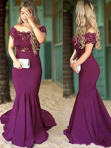 Trumpet/Mermaid Off-the-Shoulder Sweep Train Stretch Crepe Mother of the Bride Dresses With Lace