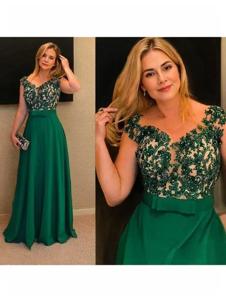 A-Line/Princess V-neck Floor-Length Stain Mother of the Bride Dresses With Appliques Lace