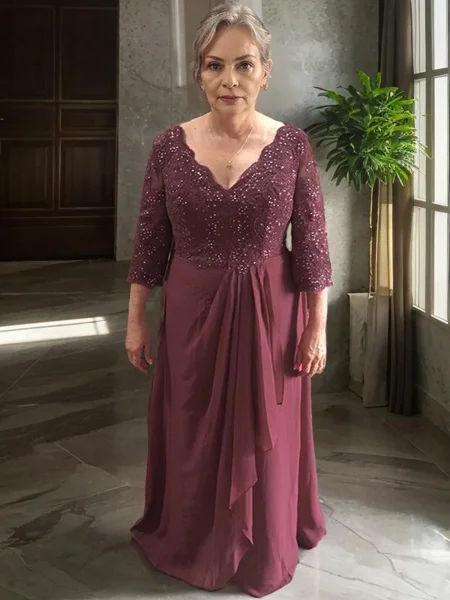 A-Line/Princess V-neck Floor-Length Chiffon Mother of the Bride Dresses With Lace