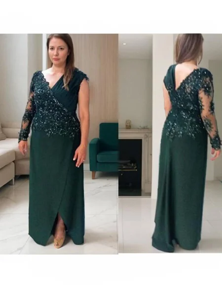 A-Line/Princess V-neck Floor-Length Stretch Crepe Mother of the Bride Dresses With Appliques Lace