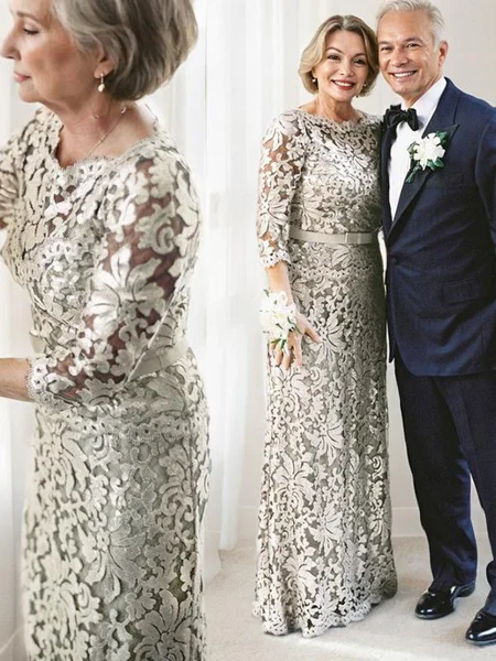 Sheath/Column Scoop Floor-Length Lace Mother of the Bride Dresses With Belt/Sash