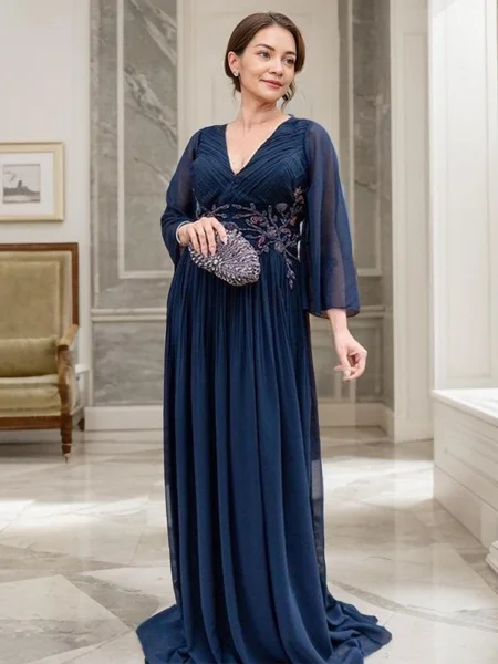 A-Line/Princess V-neck Sweep Train Chiffon Mother of the Bride Dresses With Appliques Lace