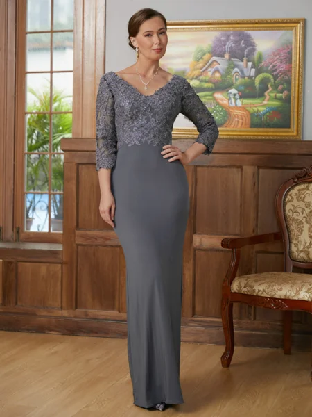Sheath/Column V-neck Floor-Length Jersey Mother of the Bride Dresses With Lace Applique