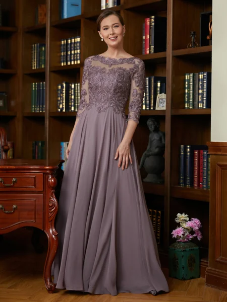 A-Line/Princess Scoop Chiffon Floor-Length Mother of the Bride Dresses With Lace