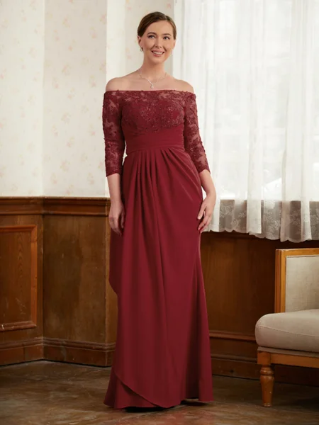 A-Line/Princess Off-the-Shoulder Floor-Length Stretch Crepe Mother of the Bride Dresses With Lace