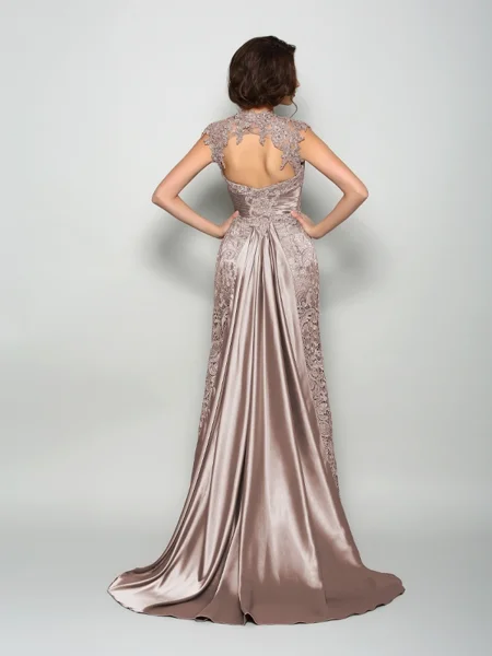 A-Line/Princess High Neck Court Train Silk Like Satin Mother of the Bride Dresses