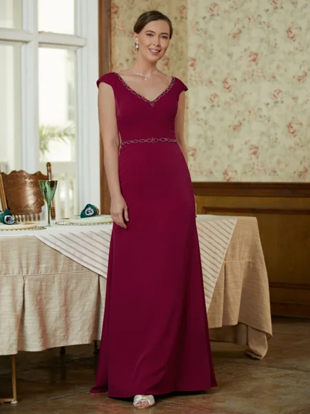 Sheath/Column V-neck Floor-Length Stretch Crepe Mother of the Bride Dresses With Beading