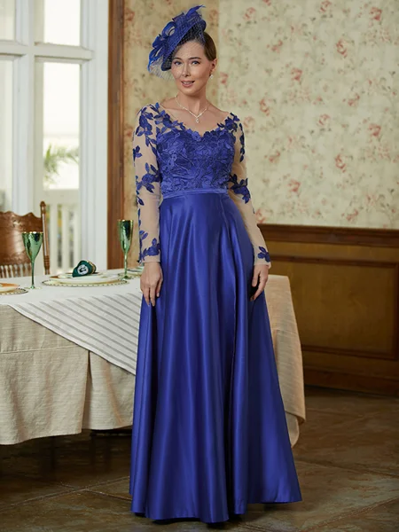 A-Line/Princess V-neck Floor-Length Satin Floor-Length With Applique