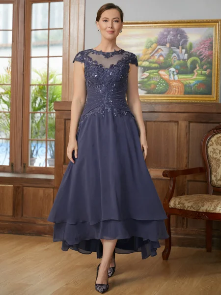 A-Line/Princess Scoop Asymmetrical Chiffon Mother of the Bride Dresses With Applique