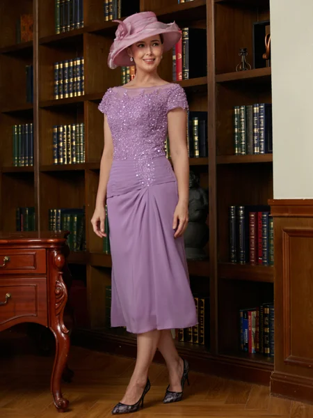 Sheath/Column Scoop Tea-Length Chiffon Mother of the Bride Dresses With Applique