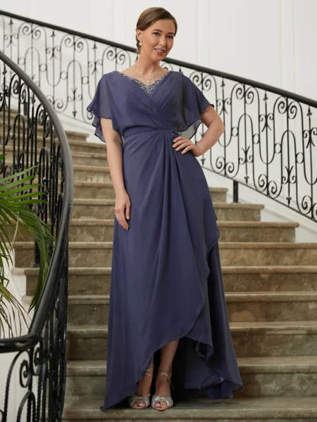 A-Line/Princess V-neck Asymmetrical Chiffon Mother of the Bride Dresses With Beading