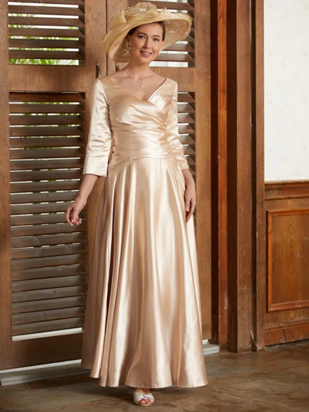 A-Line/Princess V-neck Ankle-Length Silk Like Satin Mother of the Bride Dresses With Ruffles