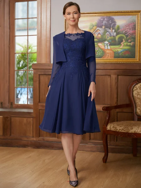 A-Line/Princess Scoop Knee-Length Chiffon Mother of the Bride Dresses With Lace