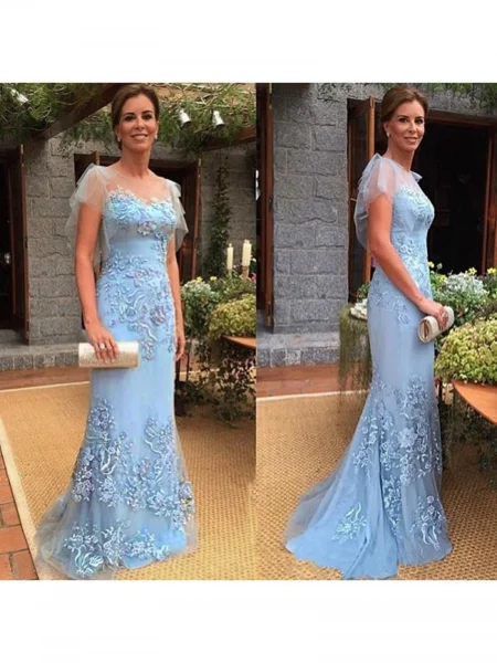 Sheath/Column Sheer Neck Sweep Train Tulle Mother Of The Bride Dresses With Lace Applique