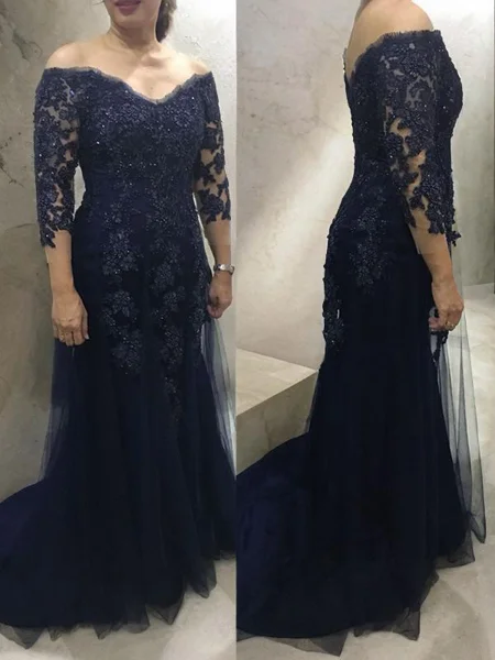 Sheath/Column Off-the-Shoulder Sweep Train Tulle Mother of the Bride Dresses With Lace