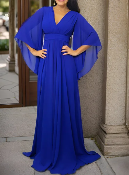 A-line V-neck 3/4 Sleeves Pleated Floor-Length Chiffon Mother of the Bride Dress