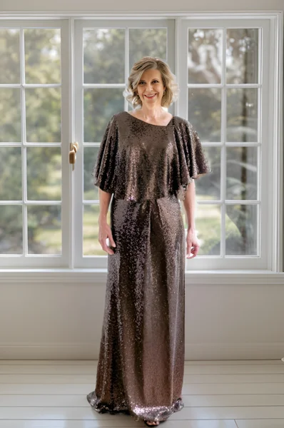 Sheath Scoop Short Sleeves  Floor-Length Sequins Mother of the Bride Dress