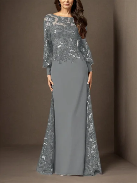 Sheath Bateau Long Sleeves Sequin Floor-Length Chiffon Mother of the Bride Dress
