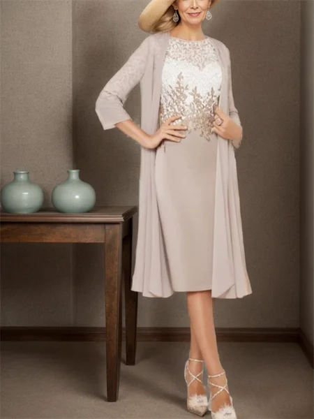Sheath Bateau 3/4 Sleeves Applique Tea-Length Chiffon Mother of the Bride Dress