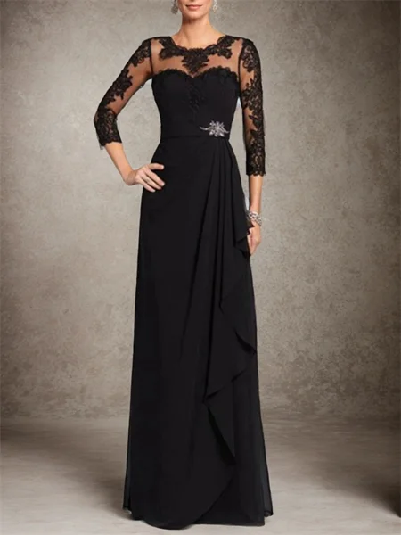 A-line Bateau 3/4 Sleeves Ruffles Floor-Length Chiffon Mother of the Bride Dress